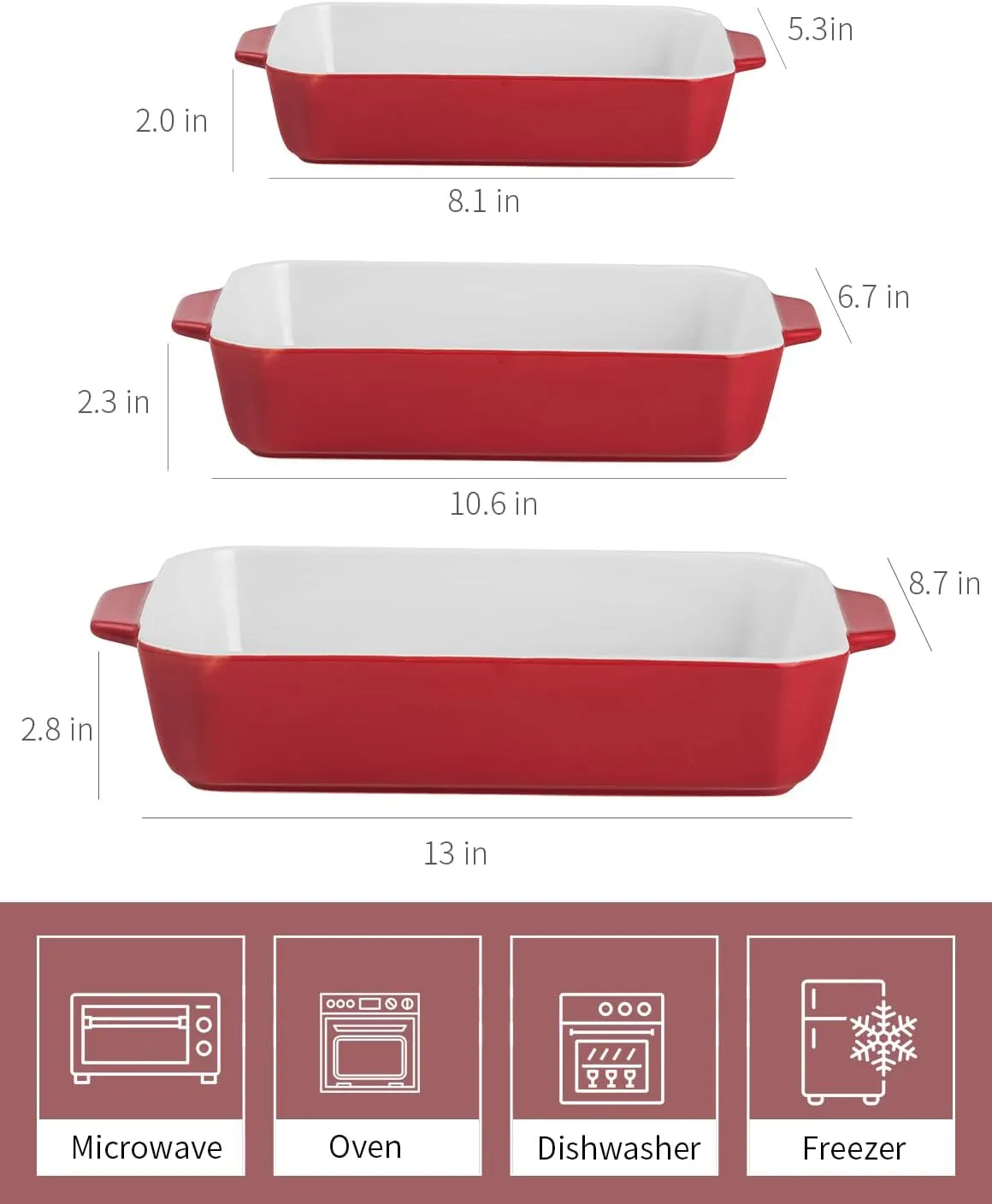 Onniyor Ceramic Baking Dish Set of 3, Rectangular Baking Pans with Handles, Large Baking Dishes, Deep Lasagna Pans for Kitchen, Casserole Dish Set for Oven to Table, Serving Bakeware Set (