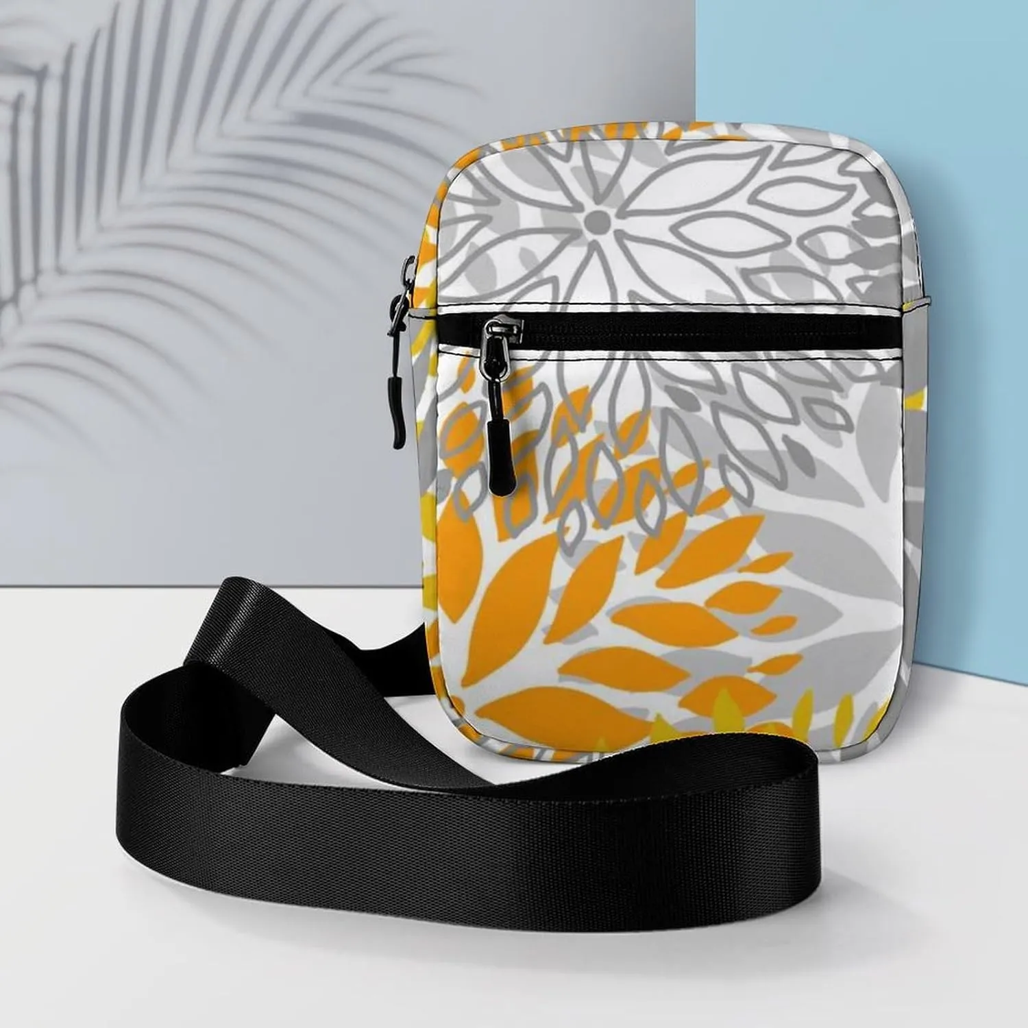 Orange and Grey Chrysanthemum Flowers Floral Pattern Adjustable Fanny Waist Pack Pouch, Waterproof Crossbody Runners Bag Wallet for Gym Hiking Fitness Women Men 6.1 x 2.2 x 7.9 inch