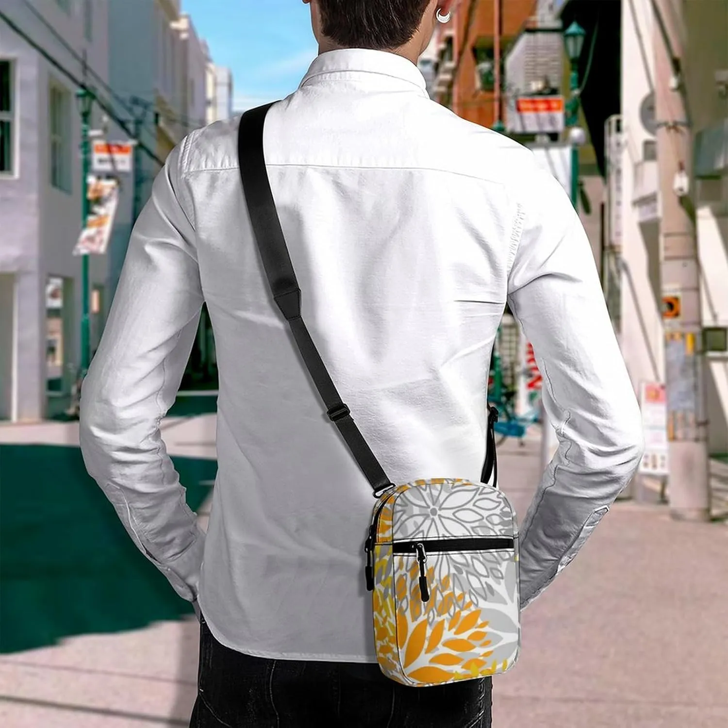 Orange and Grey Chrysanthemum Flowers Floral Pattern Adjustable Fanny Waist Pack Pouch, Waterproof Crossbody Runners Bag Wallet for Gym Hiking Fitness Women Men 6.1 x 2.2 x 7.9 inch