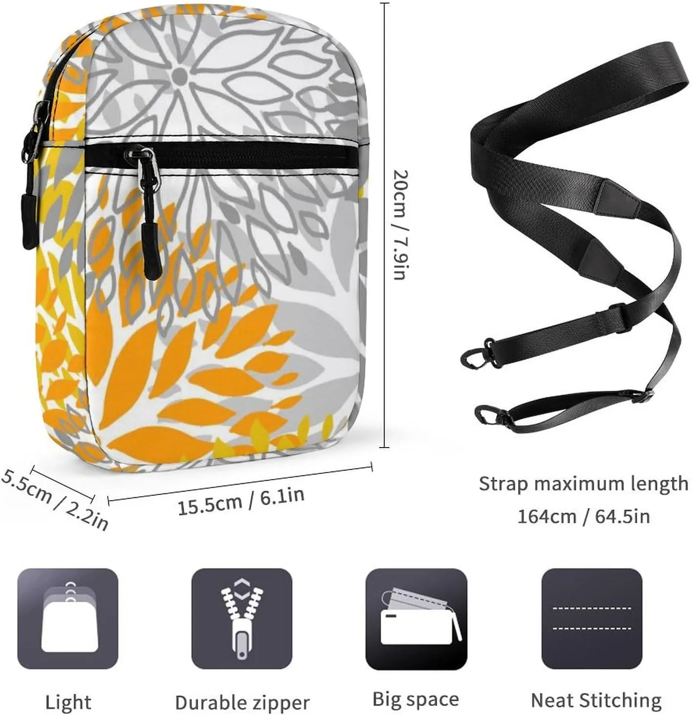 Orange and Grey Chrysanthemum Flowers Floral Pattern Adjustable Fanny Waist Pack Pouch, Waterproof Crossbody Runners Bag Wallet for Gym Hiking Fitness Women Men 6.1 x 2.2 x 7.9 inch