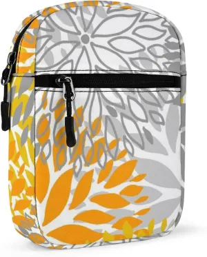 Orange and Grey Chrysanthemum Flowers Floral Pattern Adjustable Fanny Waist Pack Pouch, Waterproof Crossbody Runners Bag Wallet for Gym Hiking Fitness Women Men 6.1 x 2.2 x 7.9 inch