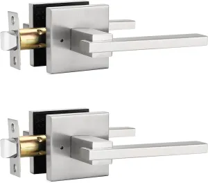 Orger 2 Pack Satin Nickel Door Handle Lock Privacy Door Lever with Square Rose, Interior Door Lock for Bed Bath Modern Keyless Door Lever Reversible for Left & Right, Stainless Steel Door Lock