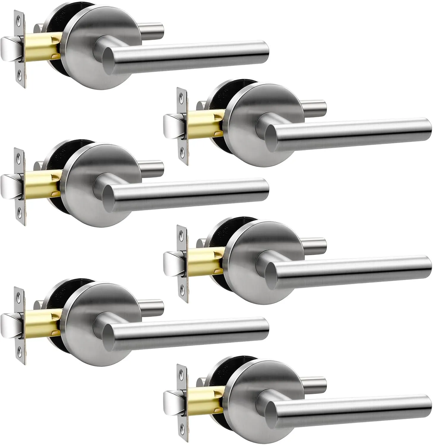 Orger 6 Pack Passage Door Handle Locks Interior Door, Satin Nickel Hall and Closet Door Levers, 304 Stainless Steel Non-Locking Locksets for Right & Right