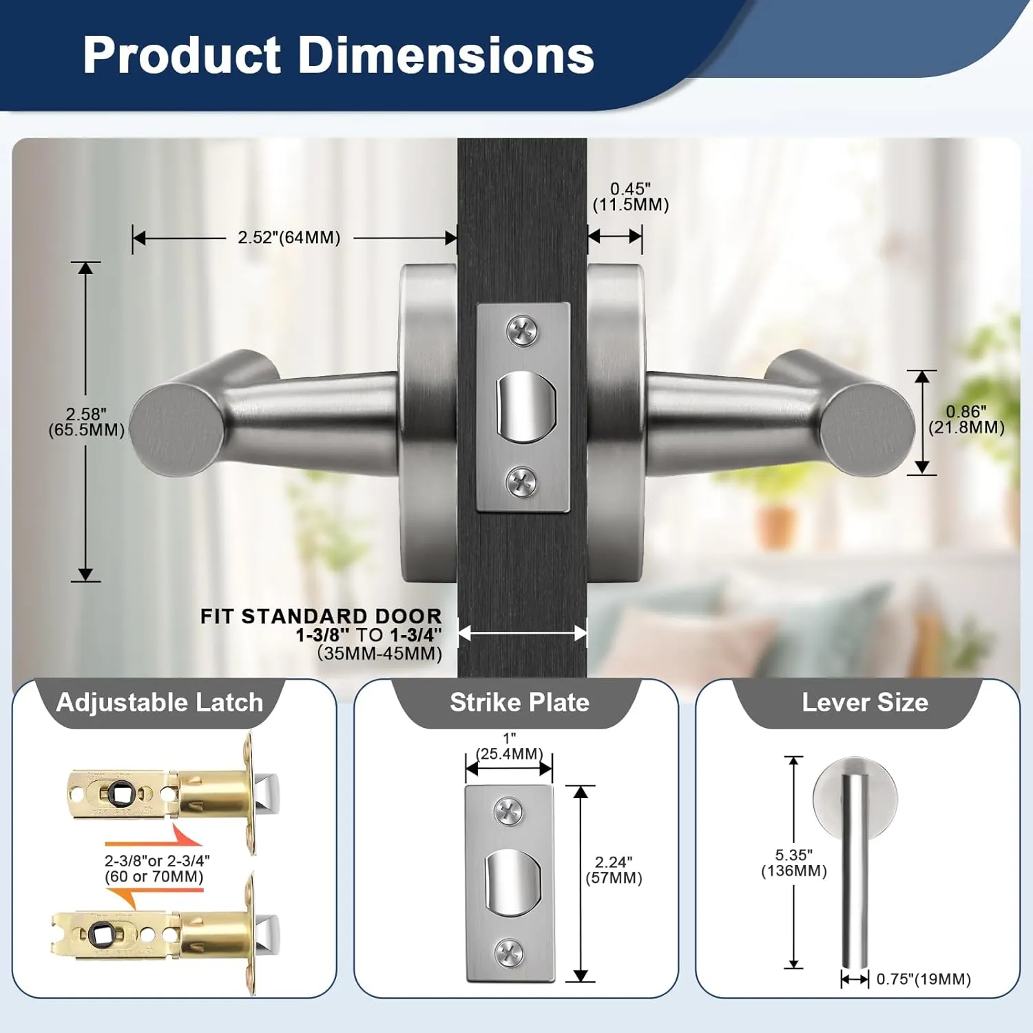 Orger 6 Pack Passage Door Handle Locks Interior Door, Satin Nickel Hall and Closet Door Levers, 304 Stainless Steel Non-Locking Locksets for Right & Right