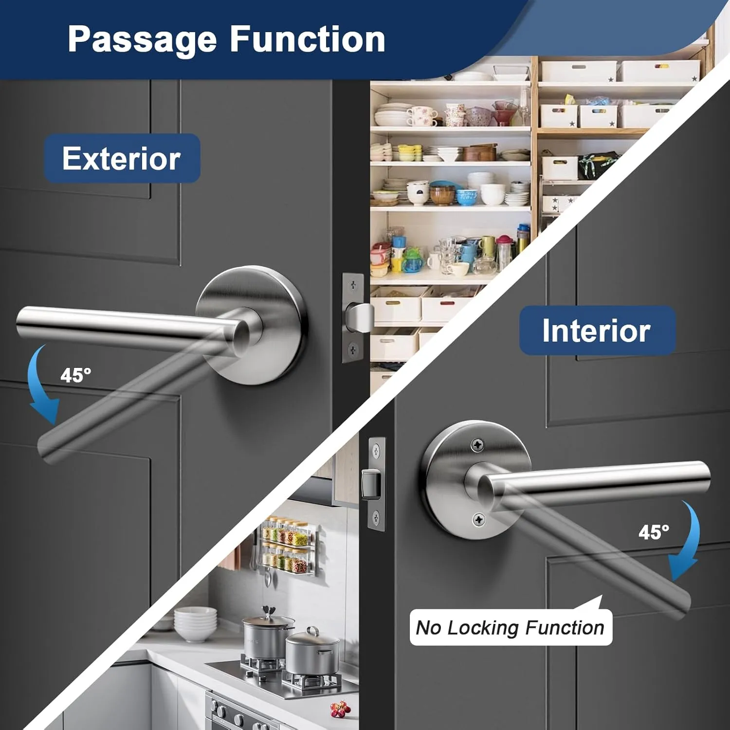 Orger 6 Pack Passage Door Handle Locks Interior Door, Satin Nickel Hall and Closet Door Levers, 304 Stainless Steel Non-Locking Locksets for Right & Right