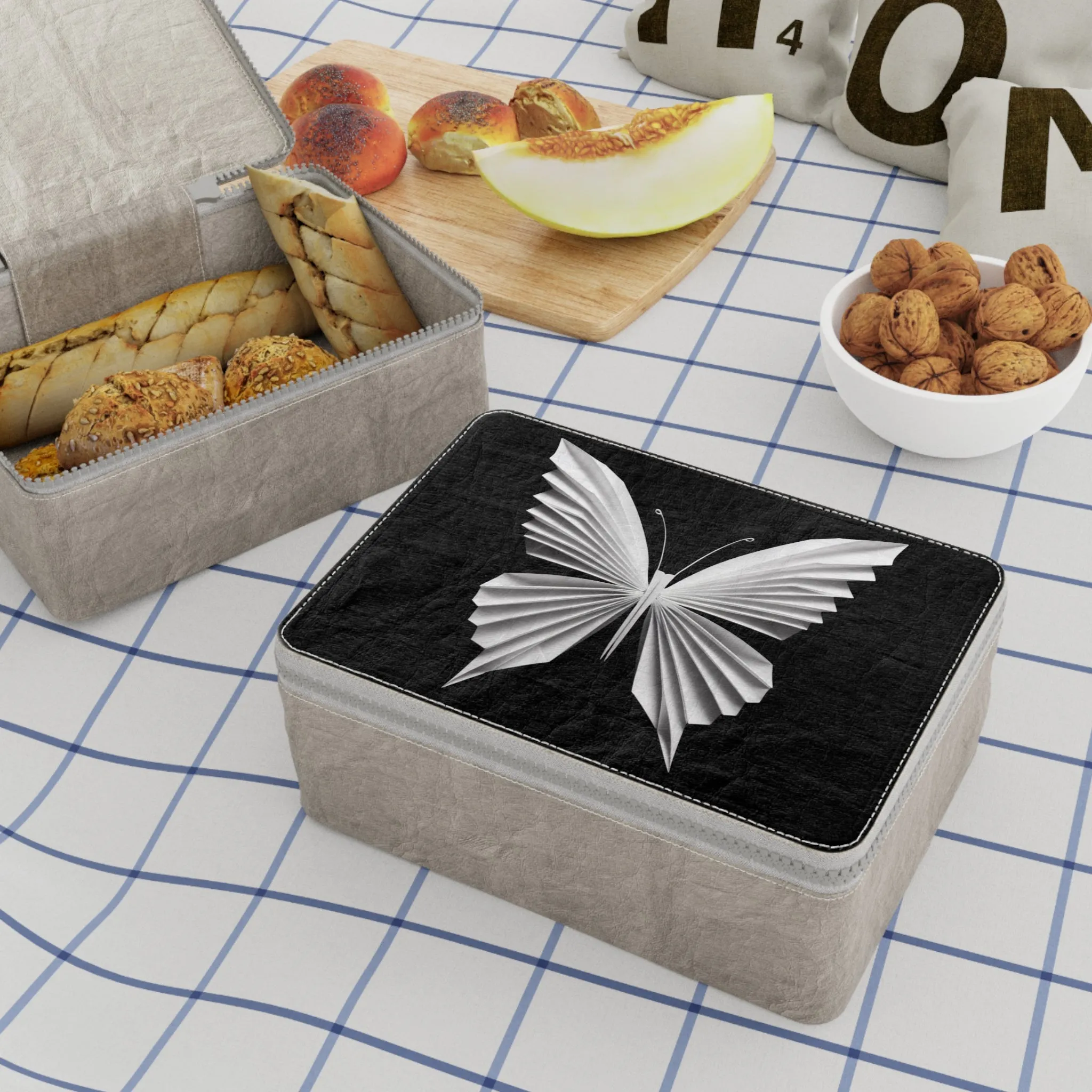 Origami White butterfly  Paper Lunch Bag - black