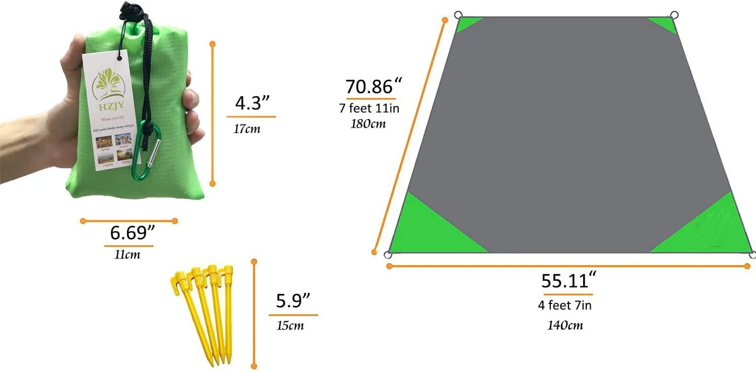 Outdoor Blanket (71" x 55") -Compact, Lightweight, Sand Proof Pocket Blanket Best Mat for The Beach, Hiking, Travel, Camping, Festivals with Pockets, Loops, Stakes, Carabiner