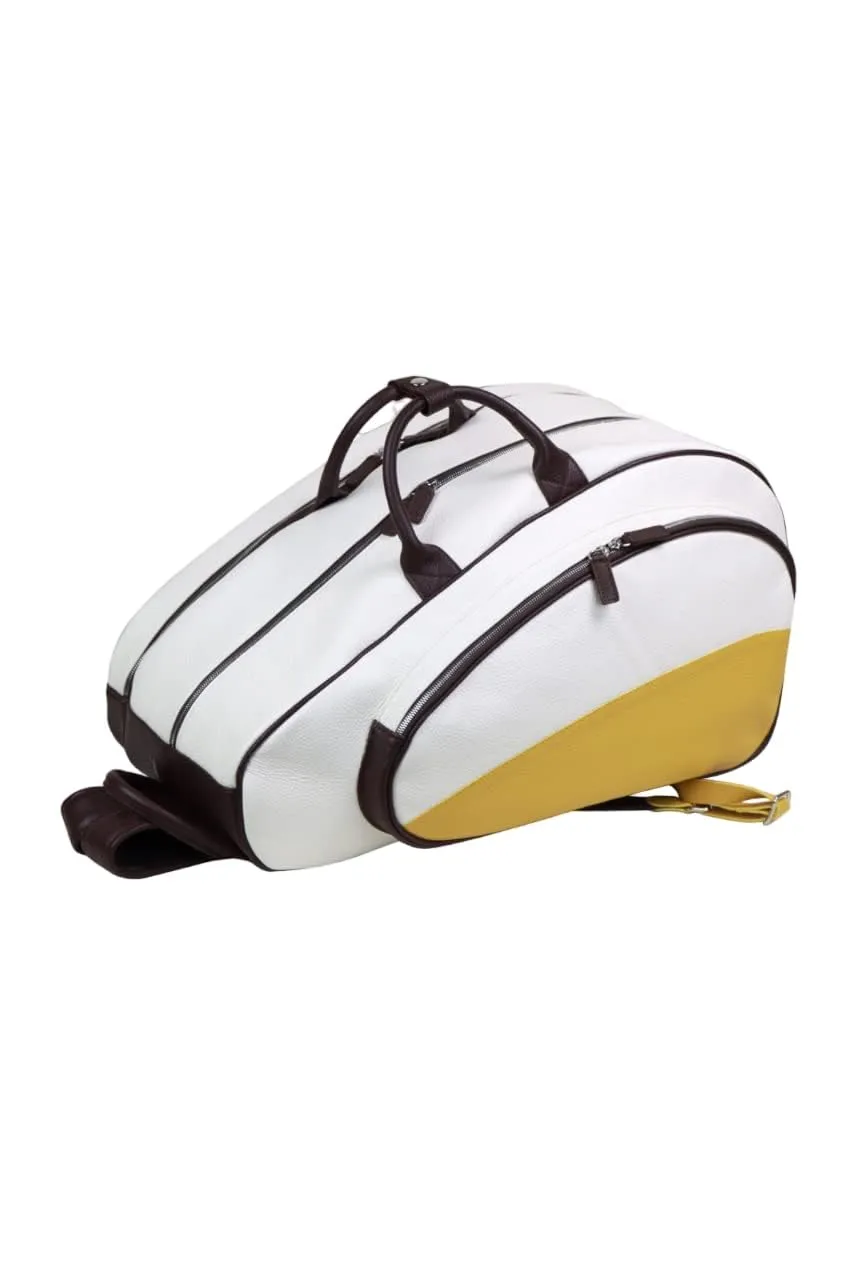 Padel & Pickleball Leather Backpack Top Handle Bag 4 Rackets Equipment Duffle | Handmade to Order in Italy, Soft Pebble-Grain Leather | Elegant Luxury Racquets Bag (Yellow/Brown/White)