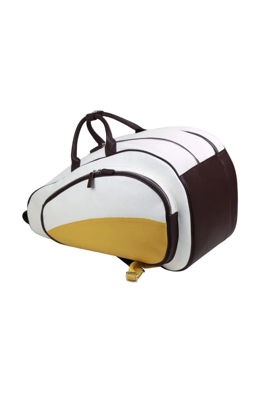 Padel & Pickleball Leather Backpack Top Handle Bag 4 Rackets Equipment Duffle | Handmade to Order in Italy, Soft Pebble-Grain Leather | Elegant Luxury Racquets Bag (Yellow/Brown/White)