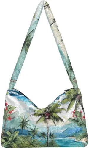 Palm Tree Watercolor Fluffy Shoulder Bag Cute Plush Underarm Bags Women Ladies Tote Bag Girl Furry Purse Handbag for Autumn and Winter