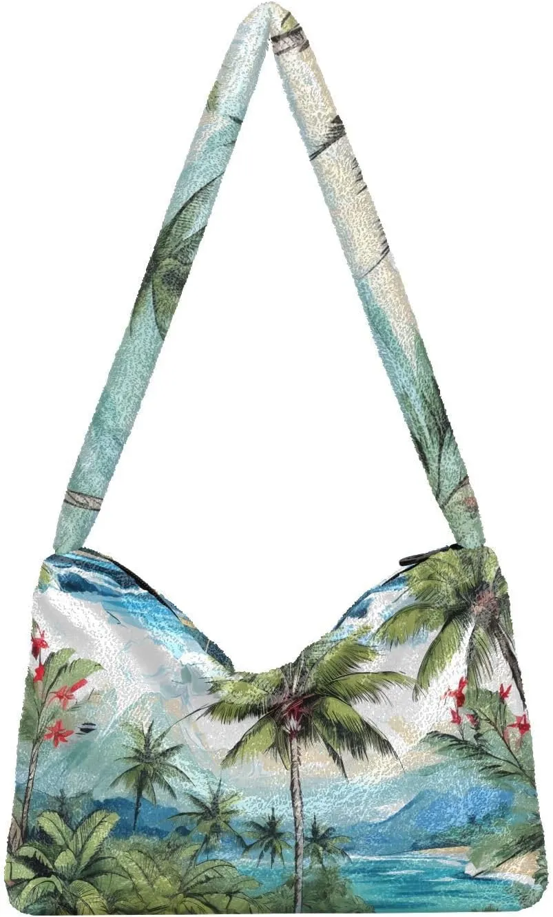 Palm Tree Watercolor Fluffy Shoulder Bag Cute Plush Underarm Bags Women Ladies Tote Bag Girl Furry Purse Handbag for Autumn and Winter