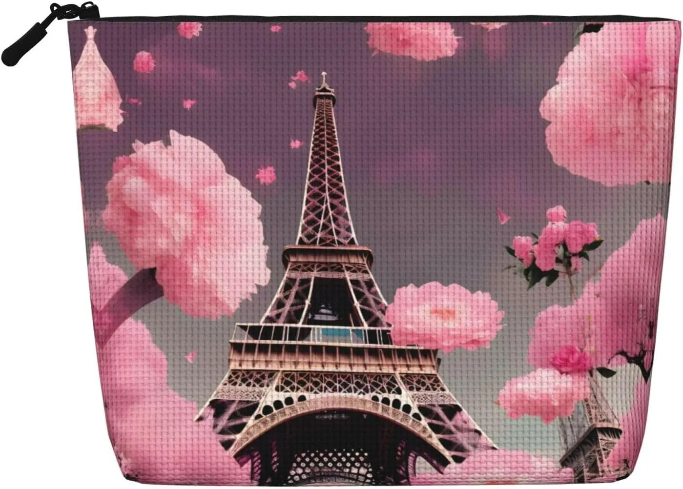 Paris Street Eiffel Tower Pink Floral Print make up bag Single-layer Makeup Bags Travel Cosmetic Organizer Large Capacity Zippered