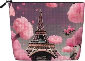 Paris Street Eiffel Tower Pink Floral Print make up bag Single-layer Makeup Bags Travel Cosmetic Organizer Large Capacity Zippered