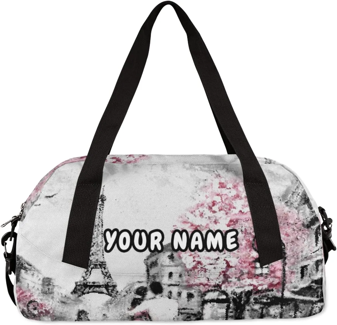 Paris Street View Eiffel Tower Personalized Kids Duffel Bag for Girls, Tower Debris Custom Name Dance Bag Overnight Small Duffel Bag Carry On Weekend Travel Bag for School Practice Gymnastics Ballet