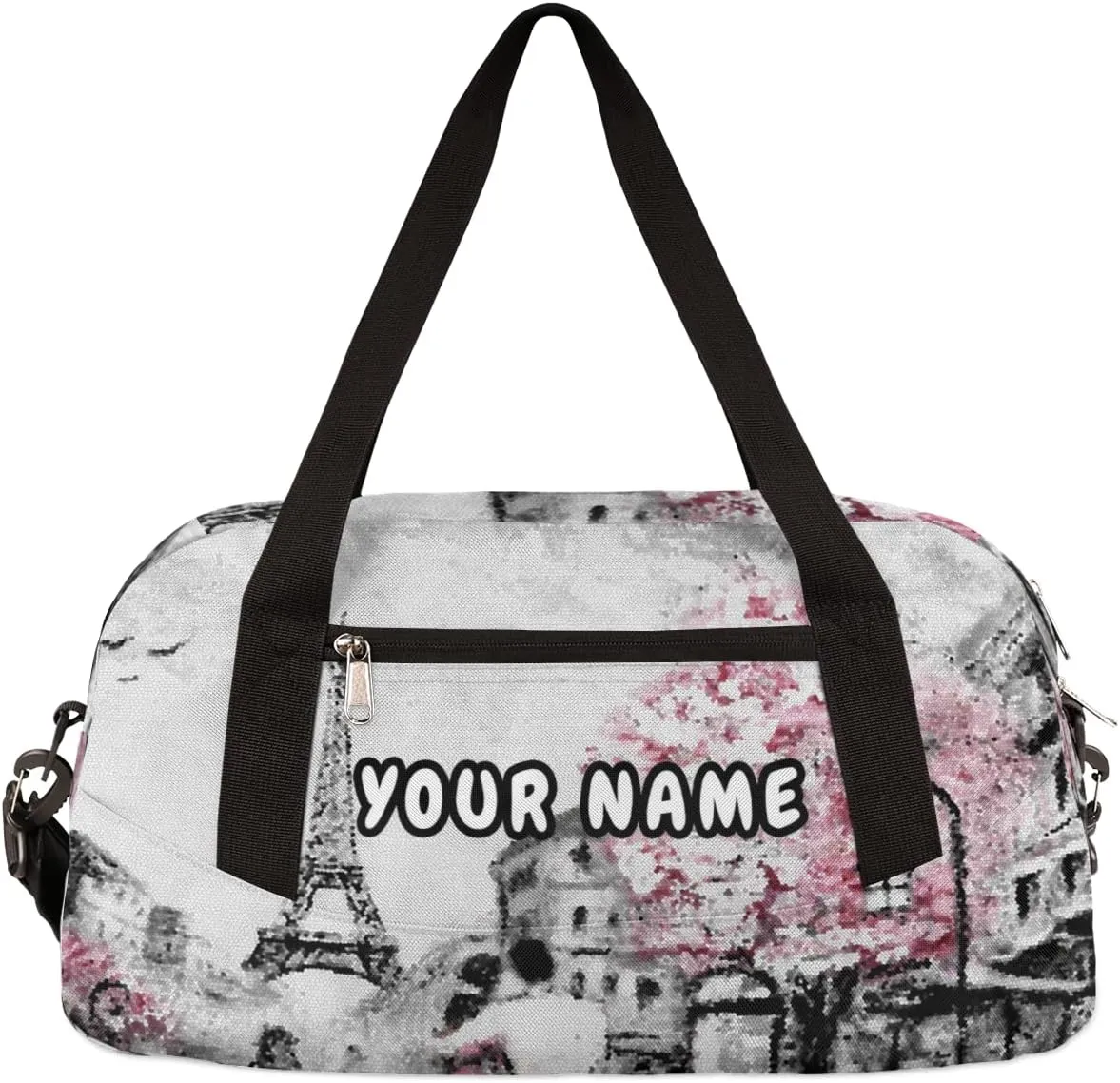 Paris Street View Eiffel Tower Personalized Kids Duffel Bag for Girls, Tower Debris Custom Name Dance Bag Overnight Small Duffel Bag Carry On Weekend Travel Bag for School Practice Gymnastics Ballet
