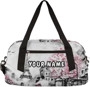 Paris Street View Eiffel Tower Personalized Kids Duffel Bag for Girls, Tower Debris Custom Name Dance Bag Overnight Small Duffel Bag Carry On Weekend Travel Bag for School Practice Gymnastics Ballet