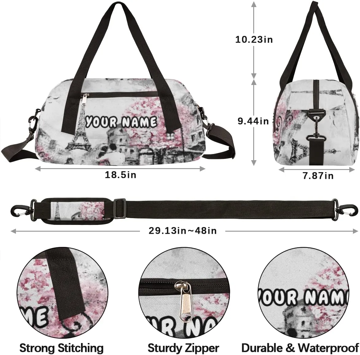 Paris Street View Eiffel Tower Personalized Kids Duffel Bag for Girls, Tower Debris Custom Name Dance Bag Overnight Small Duffel Bag Carry On Weekend Travel Bag for School Practice Gymnastics Ballet