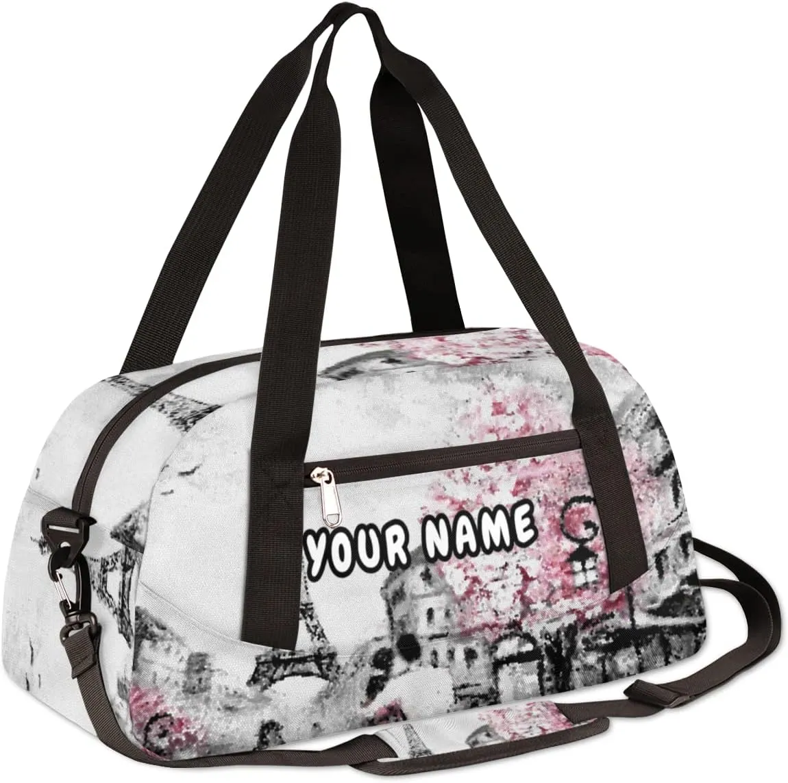 Paris Street View Eiffel Tower Personalized Kids Duffel Bag for Girls, Tower Debris Custom Name Dance Bag Overnight Small Duffel Bag Carry On Weekend Travel Bag for School Practice Gymnastics Ballet