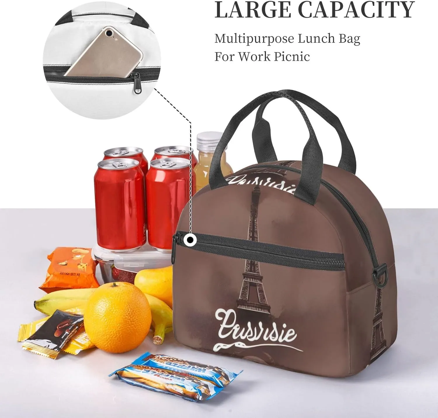Parisian Coffee Eiffel Tower Insulated Lunch Tote Bag Lunch Box For Women Men, Reusable Good For Daily Work Outings