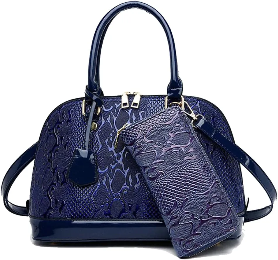 Patent Leather Handbag Crocodile Pattern Top Handle Purse Shell Bag Come with Wallet (Blue)