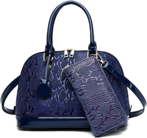 Patent Leather Handbag Crocodile Pattern Top Handle Purse Shell Bag Come with Wallet (Blue)