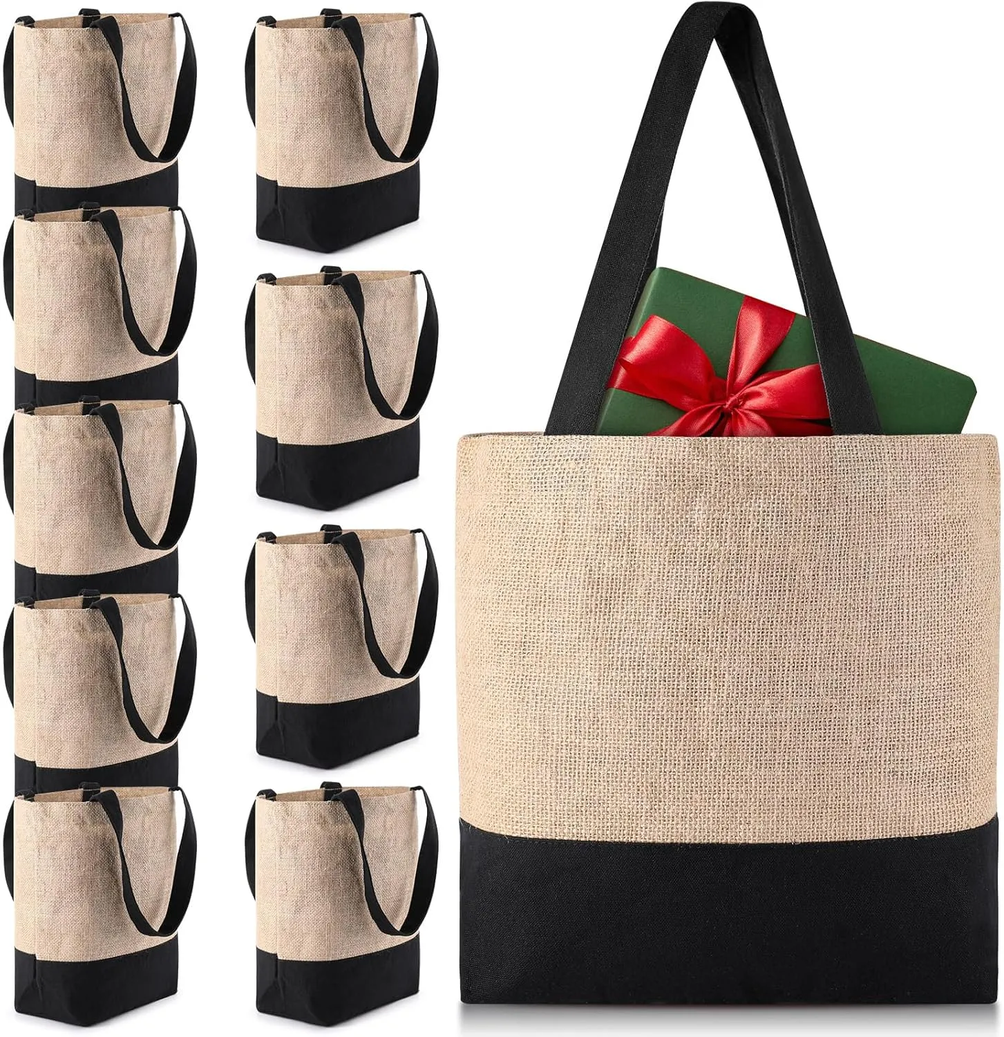 Paterr 10 Pcs Burlap Tote Bag Bulk Set Jute Tote with Handles Reusable Blank Large Burlap Gift Bags Bulk Black and Jute for Mother's Day Wedding Gift Beach Shopping Travel Grocery, 12 x 14 x 5 Inch