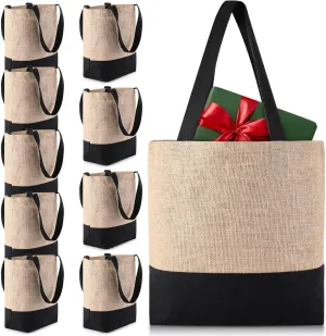 Paterr 10 Pcs Burlap Tote Bag Bulk Set Jute Tote with Handles Reusable Blank Large Burlap Gift Bags Bulk Black and Jute for Mother's Day Wedding Gift Beach Shopping Travel Grocery, 12 x 14 x 5 Inch