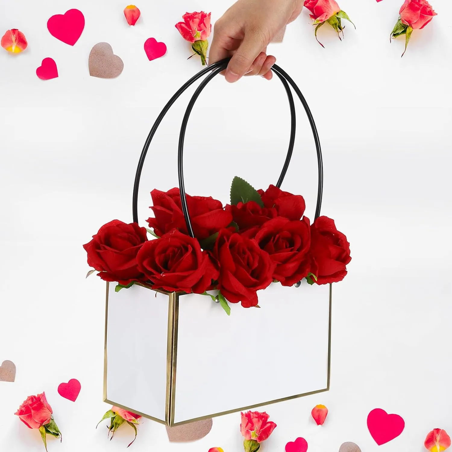 PATIKIL Paper Flower Gift Bags, 12 Pcs Paper Bouquet Flower Gift Bag with Handle Rectangular Tote Bag for Florist Wedding Party Birthdays, Gold White & Gold Black