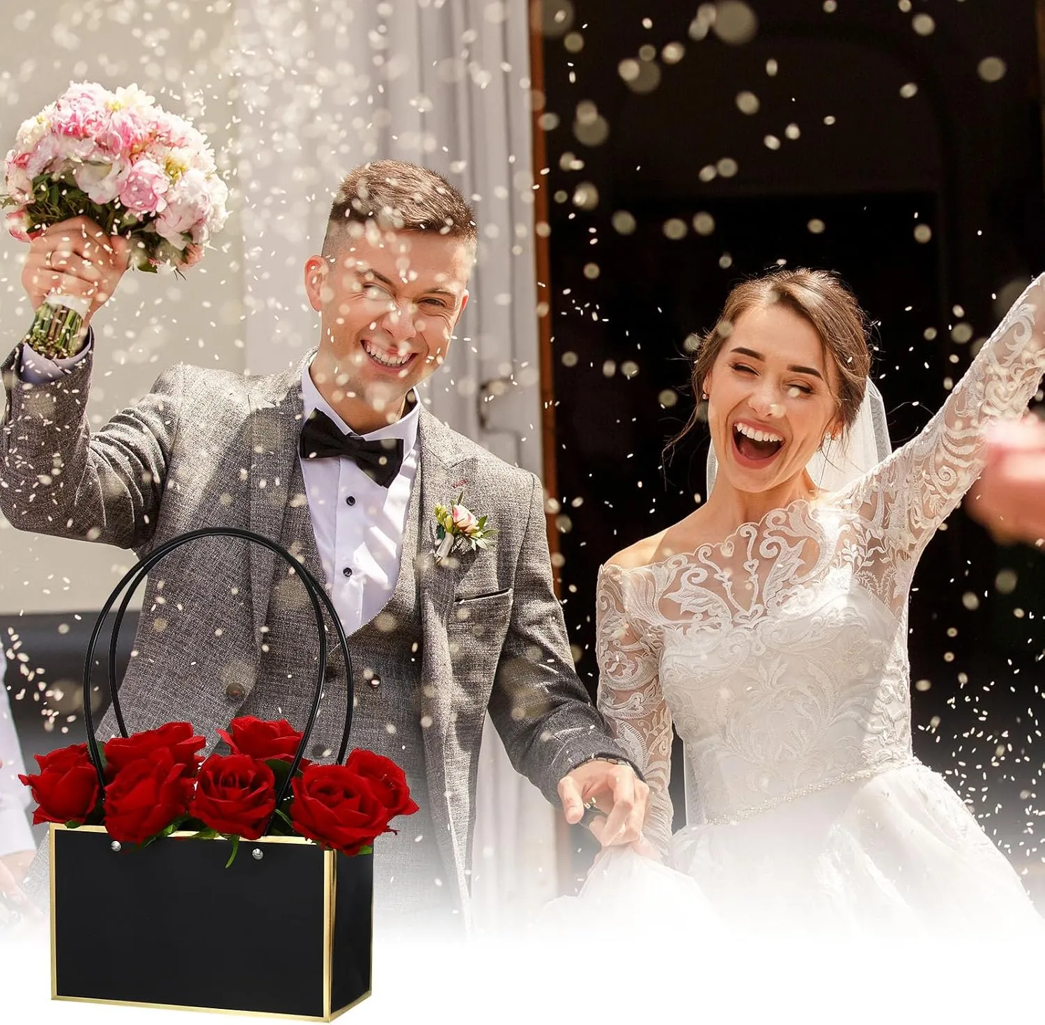 PATIKIL Paper Flower Gift Bags, 12 Pcs Paper Bouquet Flower Gift Bag with Handle Rectangular Tote Bag for Florist Wedding Party Birthdays, Gold White & Gold Black