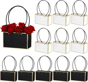 PATIKIL Paper Flower Gift Bags, 12 Pcs Paper Bouquet Flower Gift Bag with Handle Rectangular Tote Bag for Florist Wedding Party Birthdays, Gold White & Gold Black