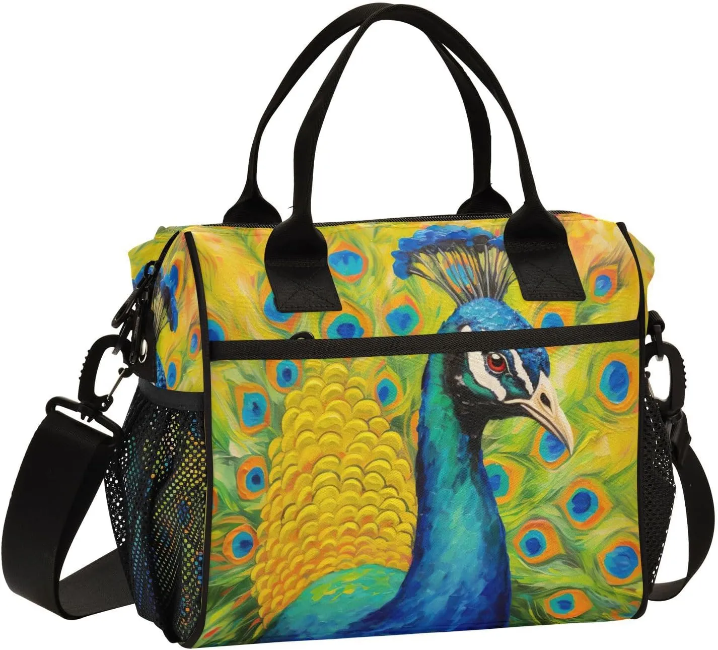 Peacock Oil Painter Print Insulated Lunch Bag with Shoulder Strap & Carry Handle, Eco-friendly Cooler Bag Tote Bag for Men,Women#269