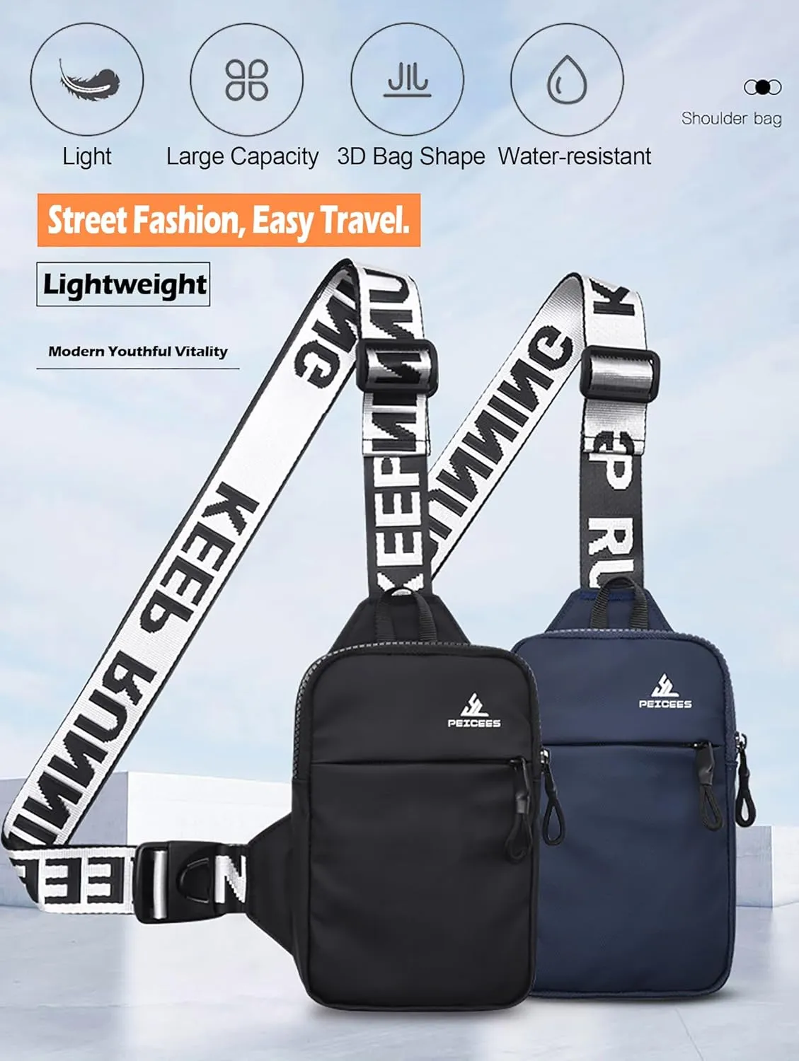 Peicees Mini Crossbody Sling Bag Chest Bag Dual Pocket Water Resistant Fanny Pack Running Phone Holder for Men Women Workout Travel, Dark Blue