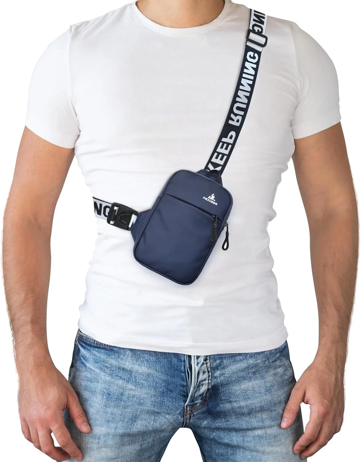 Peicees Mini Crossbody Sling Bag Chest Bag Dual Pocket Water Resistant Fanny Pack Running Phone Holder for Men Women Workout Travel, Dark Blue