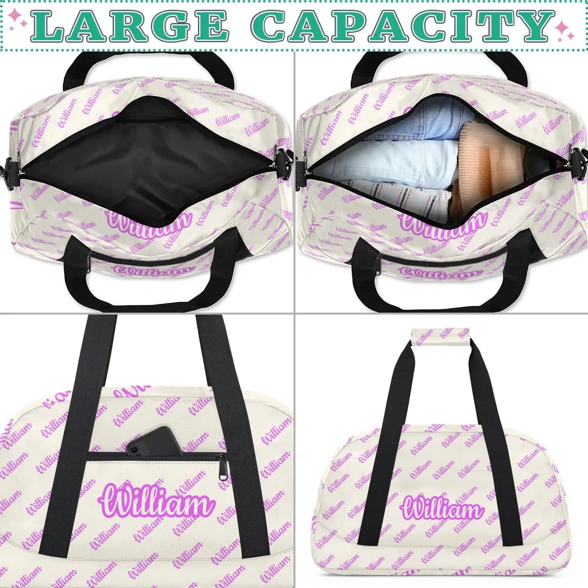 Personalized Gym Duffel Bag with Name Custom Sport Bag Gymnastics Bags Customized Dance Duffel Bag Weekender Sleepover Bag, Beige