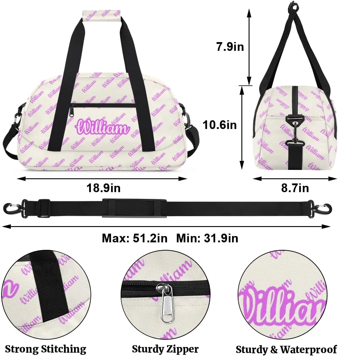 Personalized Gym Duffel Bag with Name Custom Sport Bag Gymnastics Bags Customized Dance Duffel Bag Weekender Sleepover Bag, Beige