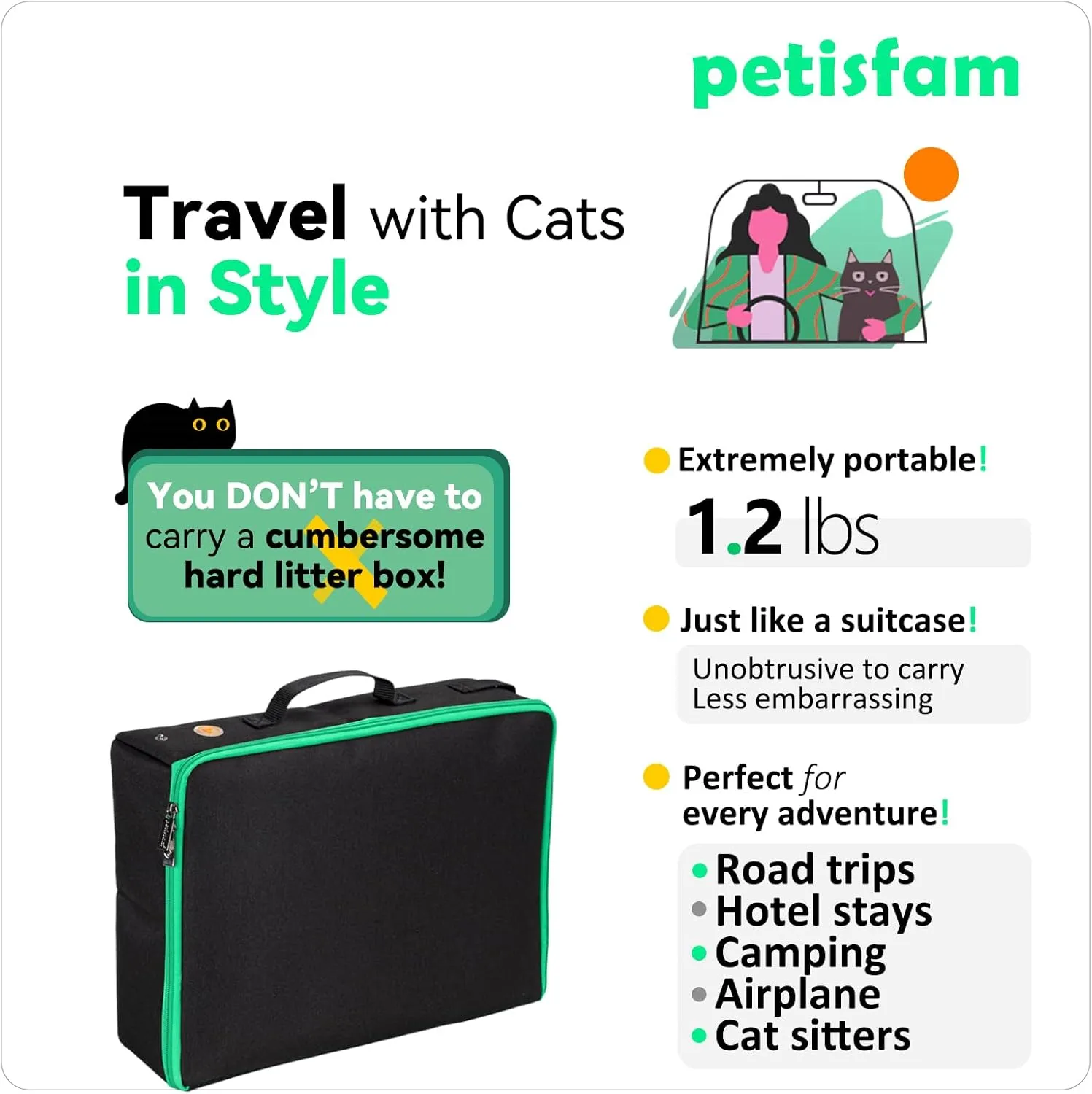 petisfam Portable Travel Litter Box for Cats with Lid to Contain Litter and Odor. Easy to Carry, Clean and Store. Easy for Car Travel, Hotle Stays, Flying with Cats