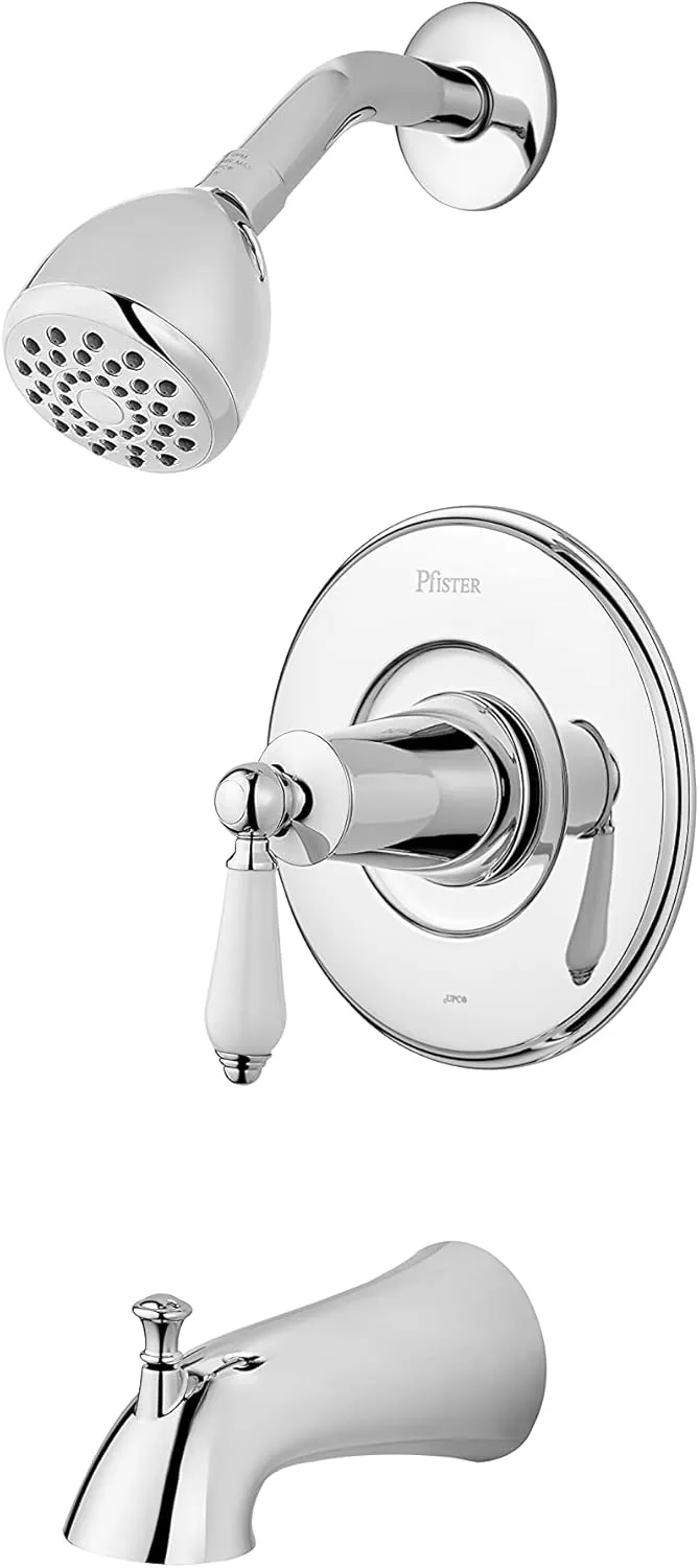 Pfister Courant Tub & Shower Trim Kit, Valve and Cartridge Included, White Ceramic Lever Handle, Polished Chrome Finish, 8P8WS2CO2SPC