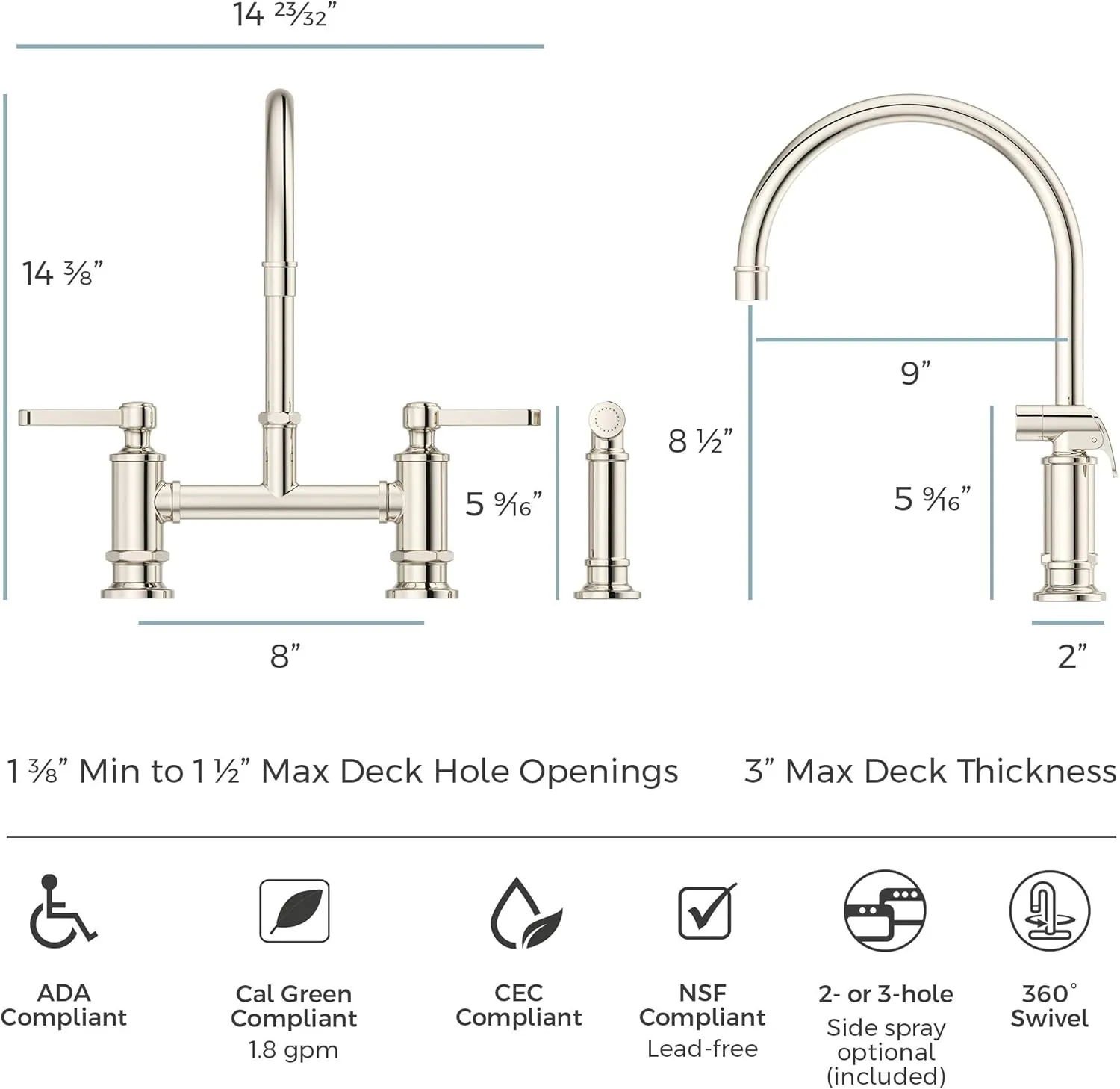 Pfister LG31-TDD Port Haven Kitchen Bridge Faucet with Side Sprayer, Polished Nickel