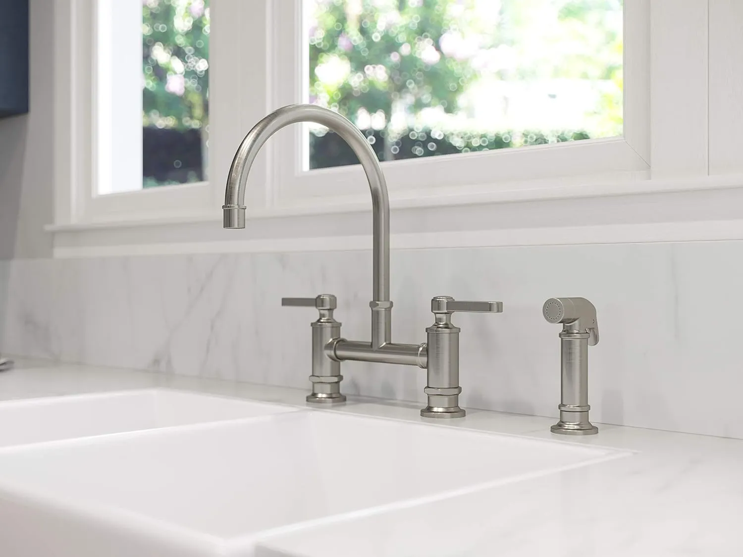 Pfister LG31-TDS Port Haven Kitchen Bridge Faucet with Side Sprayer, Stainless Steel