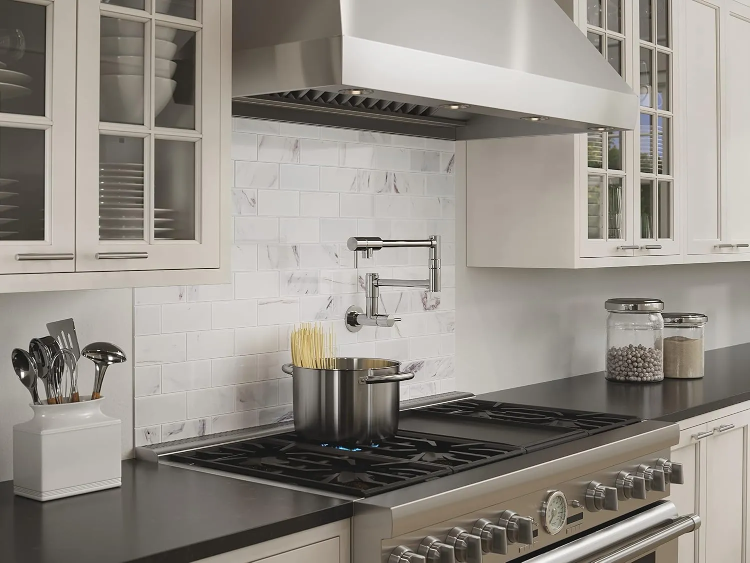 Pfister Lita Pot Filler Kitchen Faucet, 2-Handle, Wall Mounted, Single Hole, Polished Chrome Finish, GT533PFC