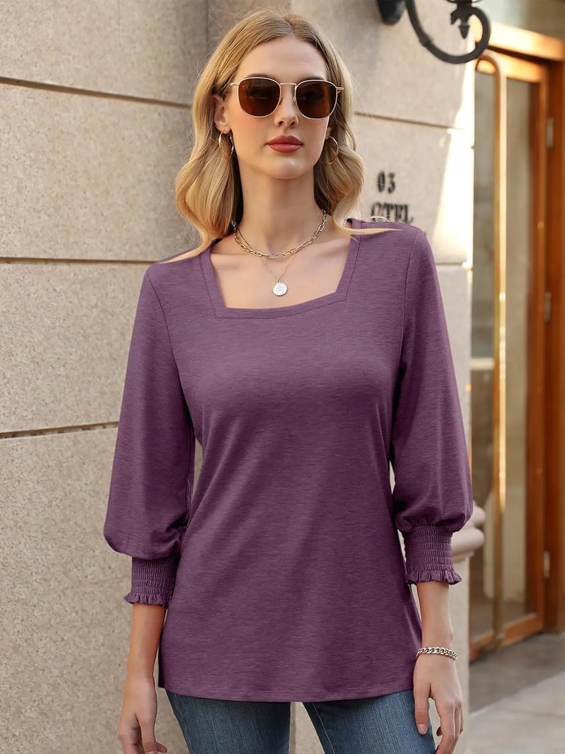 PGANDS Women's 3/4 Sleeve Tops Square Neck Spring Summer Casual Smocked Cuffs Shirts