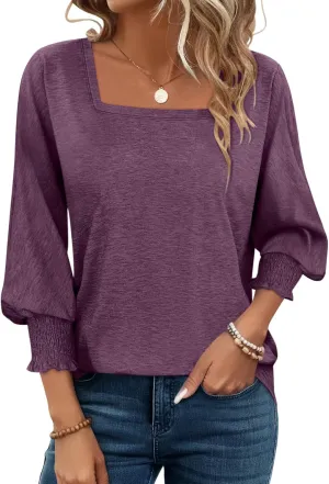 PGANDS Women's 3/4 Sleeve Tops Square Neck Spring Summer Casual Smocked Cuffs Shirts