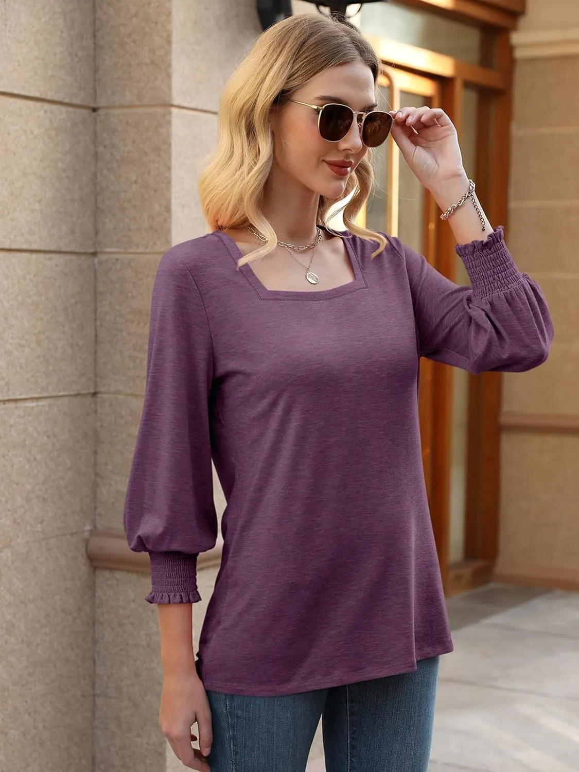 PGANDS Women's 3/4 Sleeve Tops Square Neck Spring Summer Casual Smocked Cuffs Shirts