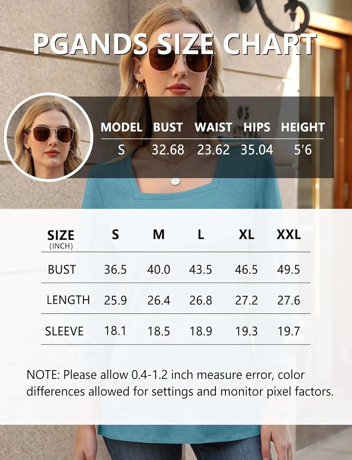 PGANDS Women's 3/4 Sleeve Tops Square Neck Spring Summer Casual Smocked Cuffs Shirts