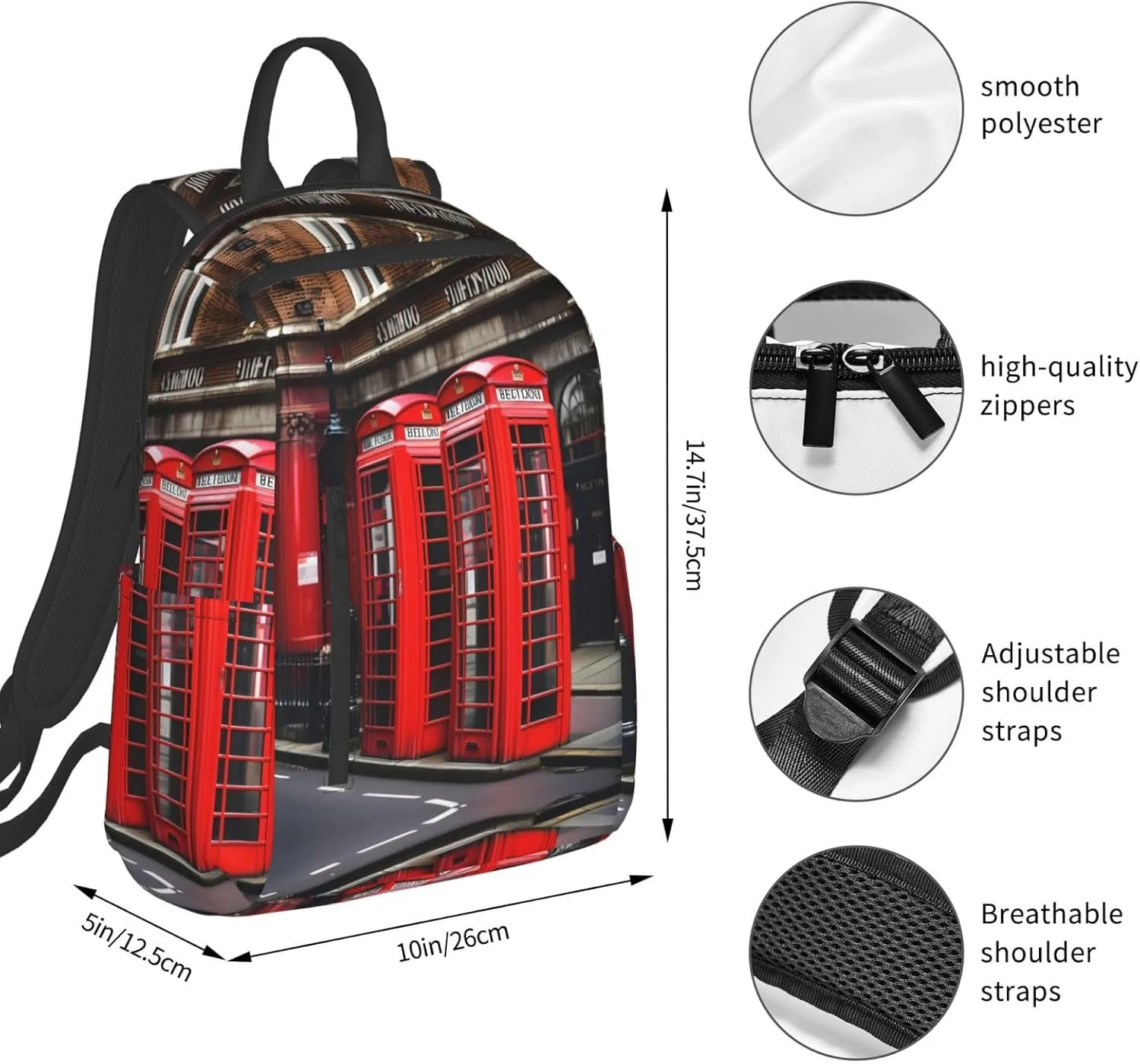 Phone Booth London Street Print Lightweight Backpack, Travel Bookbag College Bag,Laptop Backpack For Men Women