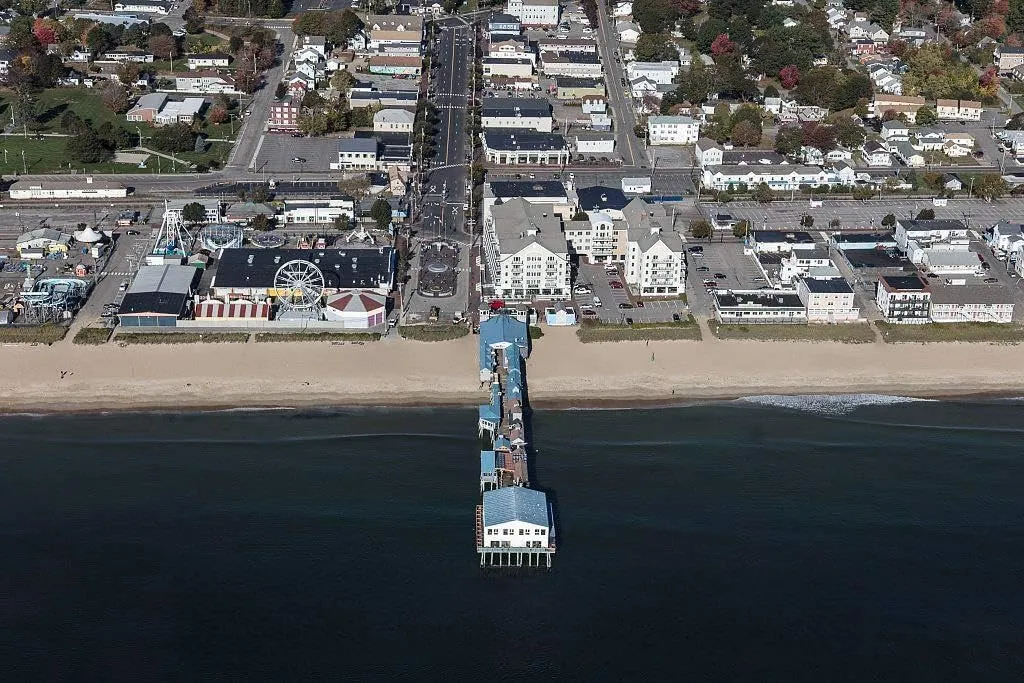Photo - An October 2017 aerial view of Old Orchard Beach and its amusement park and lengthy pier on the southern Maine coast along the Atlantic Ocean- Fine Art Photo Reporduction 12in x 08in