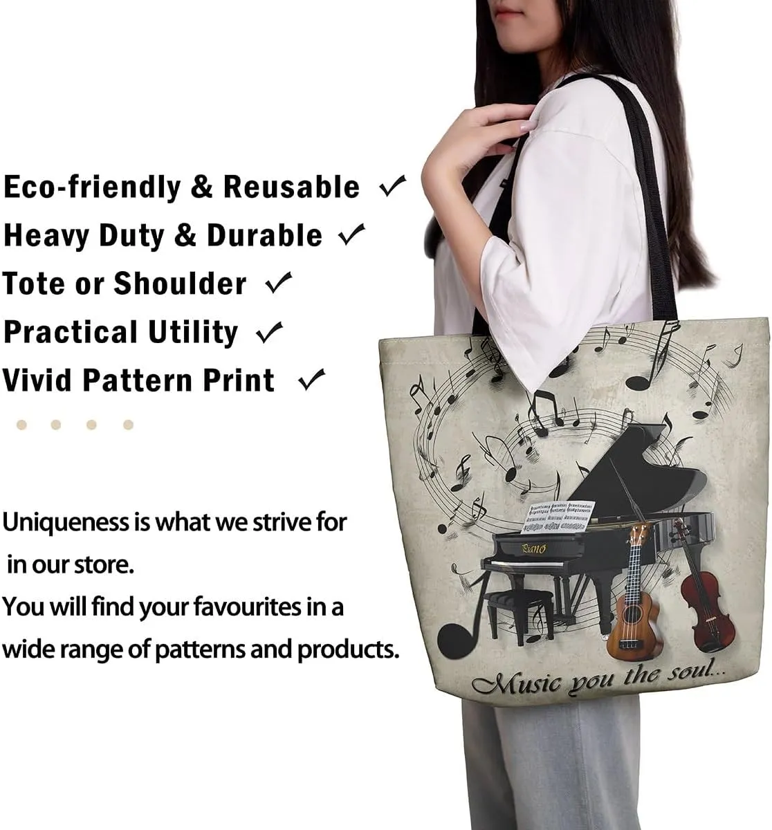 Piano and Guitar Canvas Tote Bag,Musical Notes Tote Bag,Modern Music Themed Shopping Grocery Bags