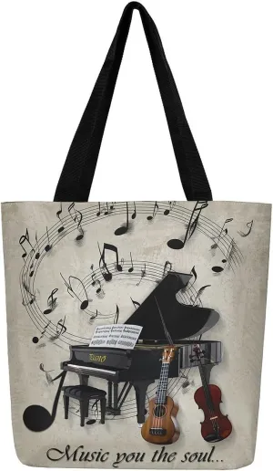 Piano and Guitar Canvas Tote Bag,Musical Notes Tote Bag,Modern Music Themed Shopping Grocery Bags