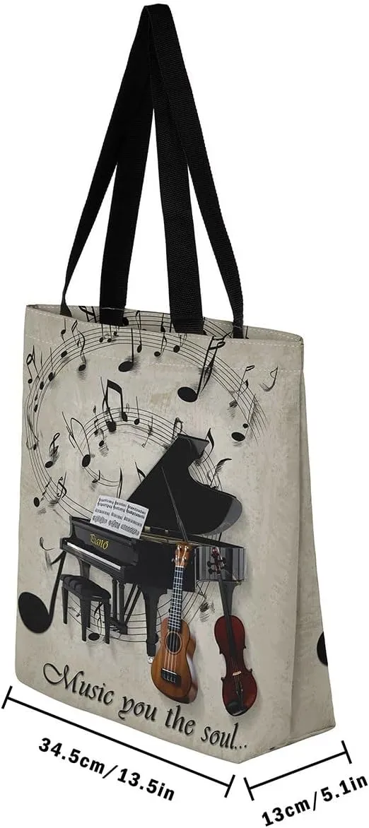 Piano and Guitar Canvas Tote Bag,Musical Notes Tote Bag,Modern Music Themed Shopping Grocery Bags