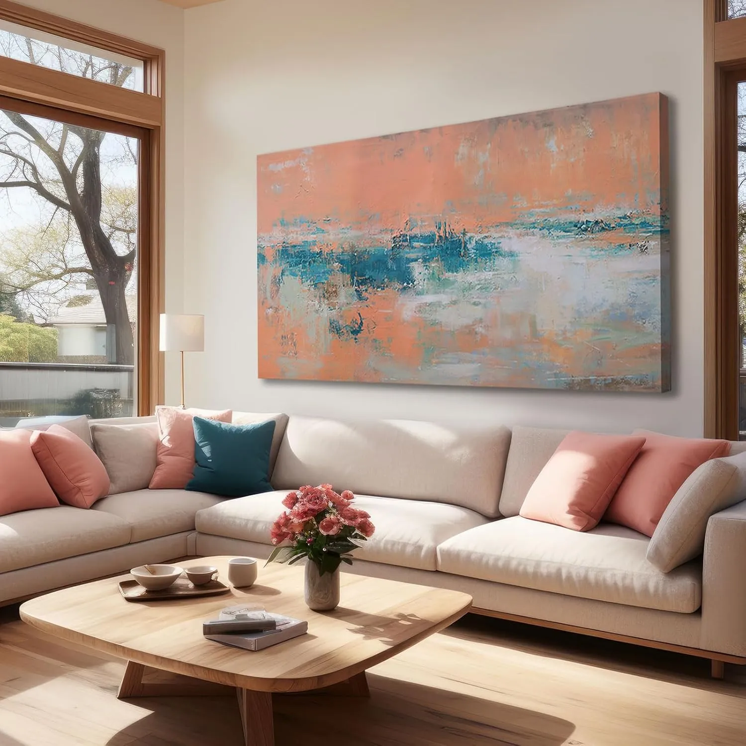 Pink Abstract Wall Art Teal Artwork for Living Room Large Poster Prints Wall Decor Canvas Arts Modern Walls Pictures for Office Hotel 29"x58"